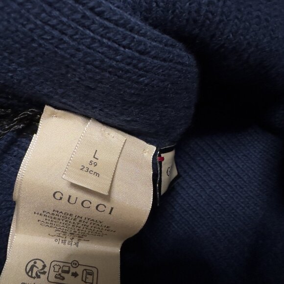 New Authentic Gucci Knit Wool Hat Beanie With Patch Navy Blue Size L Large - Picture 6 of 6